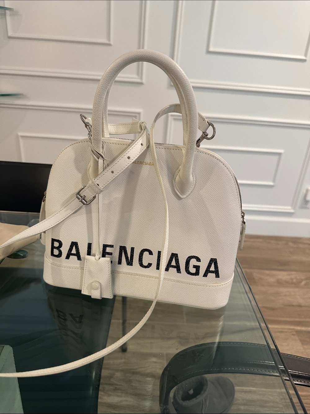 Balenciaga Cream Dome Satchel with Black Logo